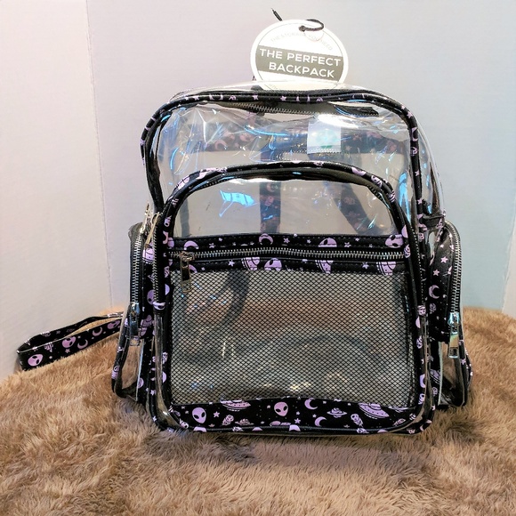 Under One Sky Handbags - NWT Large Vinyl Clear Black Pink Alien Backpack